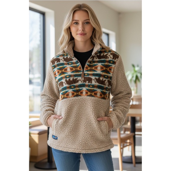 Simply Southern Sweaters - Simply Southern Fuzzy Bear Southwestern Print Quarter Zip Pullover Women's S